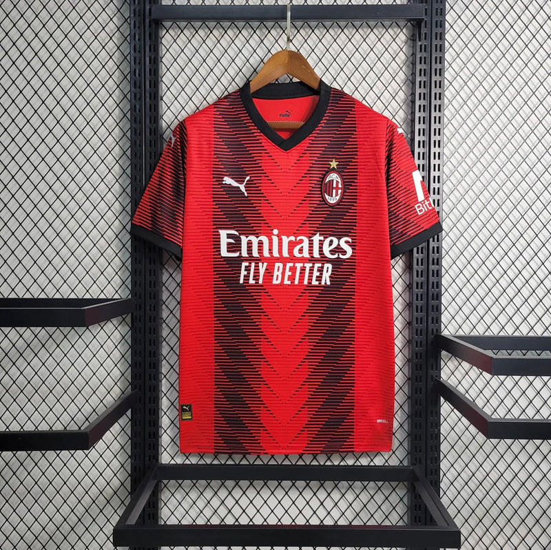 Camisa AC Milan I 23/24 Vermelha e Preta Masculina