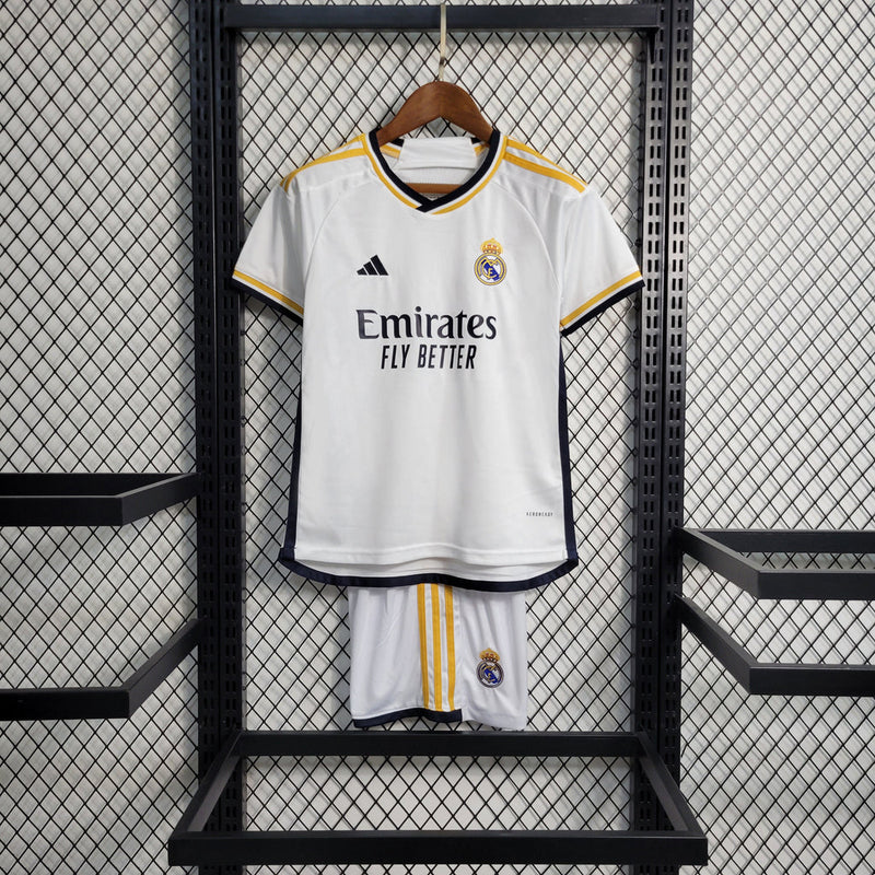 Kit Infantil Real Madrid Home 23/24 Camisa + Shorts Adidas Unissex - Branca